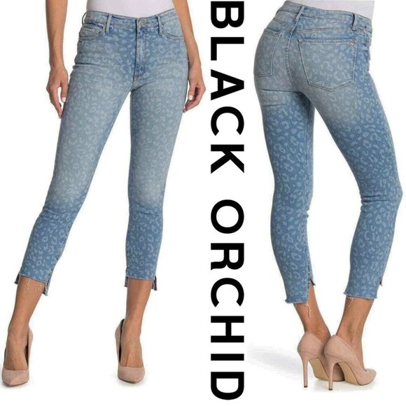 Black Orchid Pants - BLACK ORCHID Miranda High Rise Skinny JEANS 29 Step Hem Leopard Blue Denim NEW